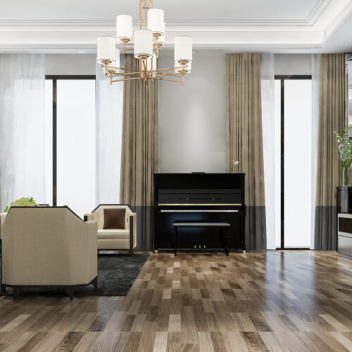 3d rendering classic warm living room with piano and armchair