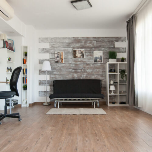 Living room with nobody in it. Modern furniture in cozy apartment. Relaxing athmosphere in empty apartment.
